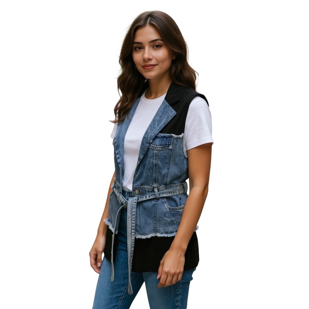Shop‎ Michella Womens Denim Blazer Hybrid Vest Blue Black Mixed Media NWT Size S
